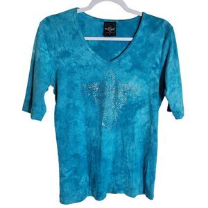 Sledge USA Y2K Tee Shirt Womens Large Blue Tie Dye Rhinestone Embellished Cotton